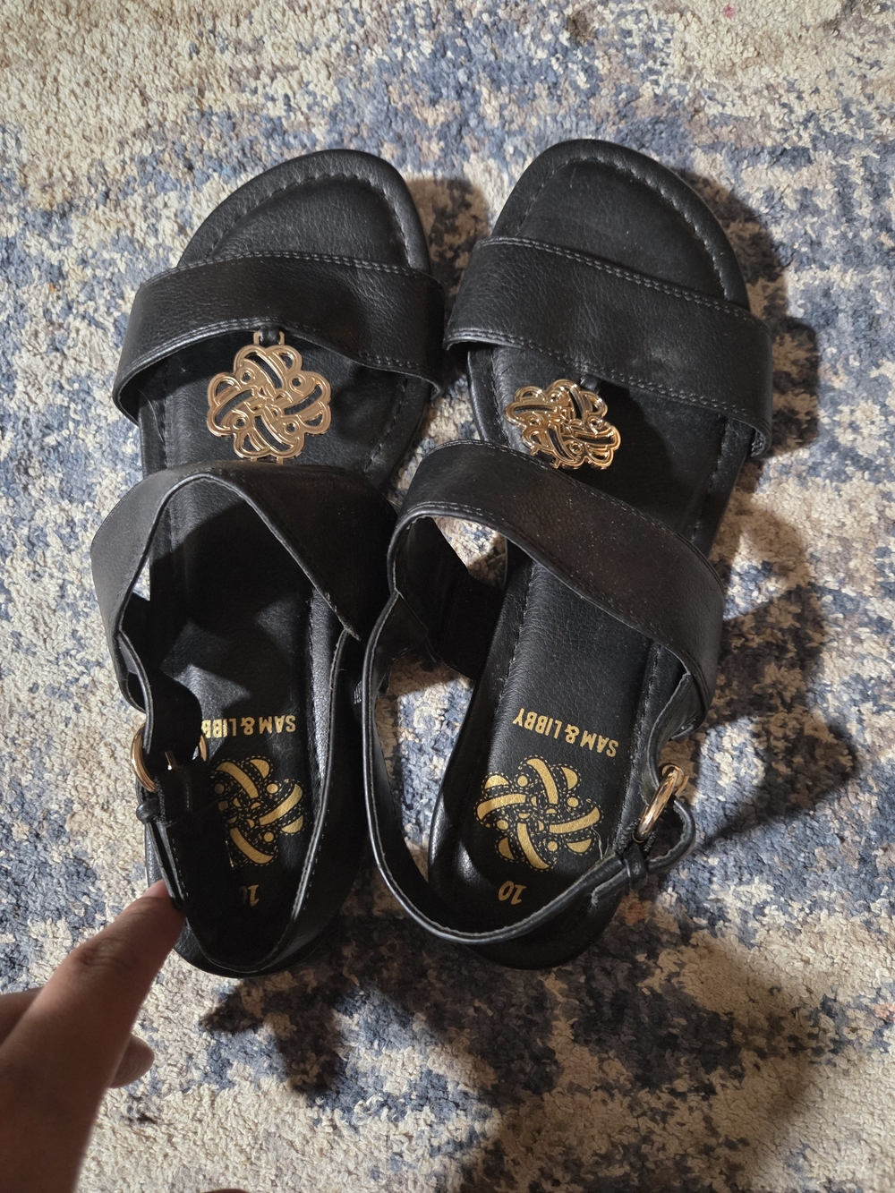 Sam & Libby Black Sandals with Gold Medallion Accent